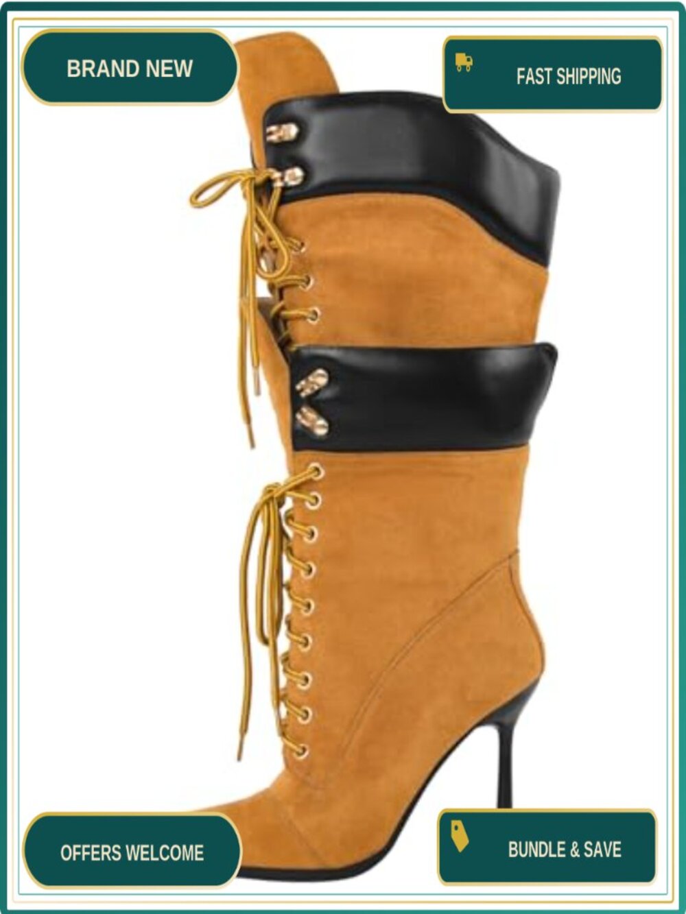 Double Lace Pointed Toe Stiletto Knee High Boots Strappy Heeled Faux Leather